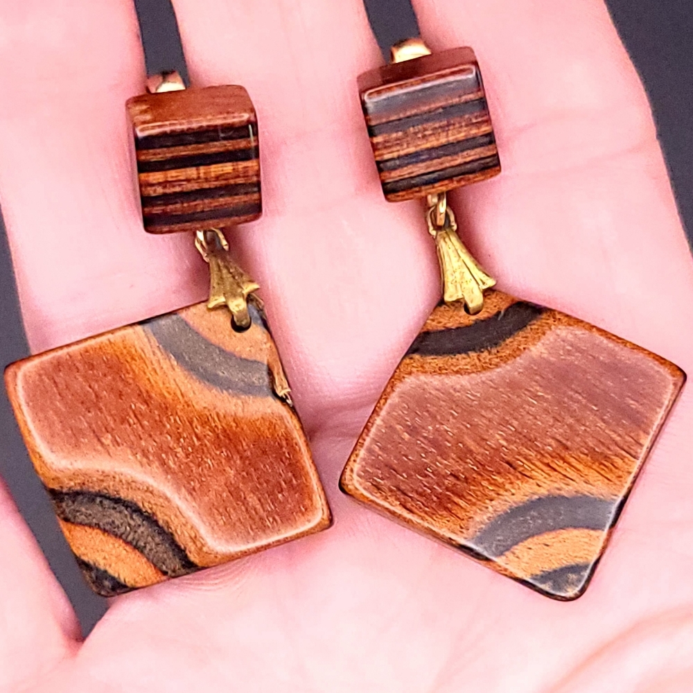 Vintage Layered Two-Tone Carved Wood Clip-On Boho Dangle Earrings